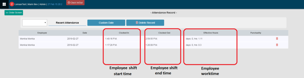 Employee Clock in Clock out Time EPOS