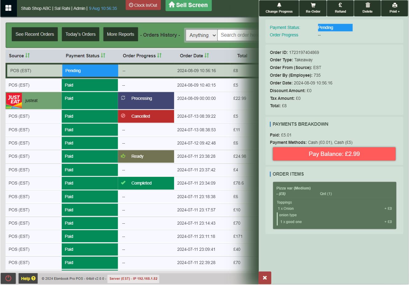 Restaurant POS Customer order