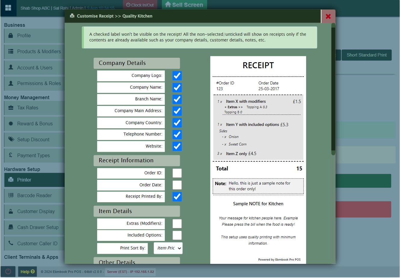 Customise receipt for POS printer